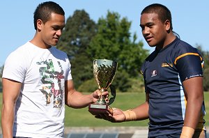 Chase Stanley presents the 1st CHASE STANLEY CUP to Westfields skipper Fraser Masinamua at Henson Park (Photo : ourfootymedia)