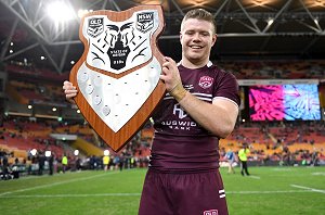 Queensland u18s Captain Joshua James proudly holding the 2019 u18 SOO Shield 