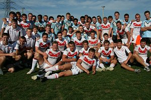 Cronulla SHARKS Academy u17's with the St. Helens boyz after the match (Photo : OurFootyMedia) 