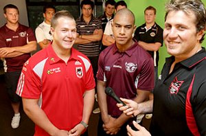 Jason Stevens (right) with Trent Merrin (left) and Will Hopoate. Photograph: Jeff Herbert / The Daily Telegraph