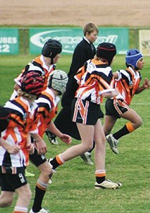 Ebann Malay and Stewart Russell heading up the defensive line of the Under 14's Junior Tigers against West Wyalong last Saturday.