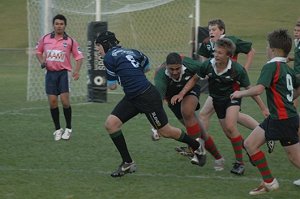 Luke Baker surges towards the try line for the Combined Dubbo Under-14s against South Sydney Invitational Under-14s on Thursday night at Apex Oval