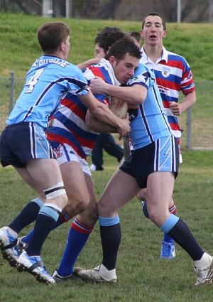 Blake Hewitt is wrapped up in a tackle against Tumut last Saturday.