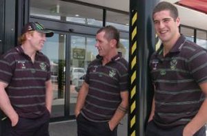 Alan Tongue (left) and Forbes Josh Miller and Joel Thompson relax yesterday in Orange before Saturdays NRL trials.