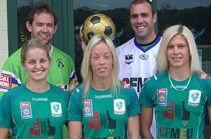 Phil Graham and Adrian Purtell with Canberra United players Ellie Brush, Kara Mowbray and Sasha McDonnell at Raiders HQ