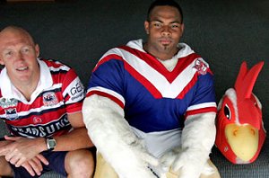 From sideline to scrum...Roosters mascot Stanley Waqa is getting ready to swap his costume boots for real ones. Picture: Graham Crouch.