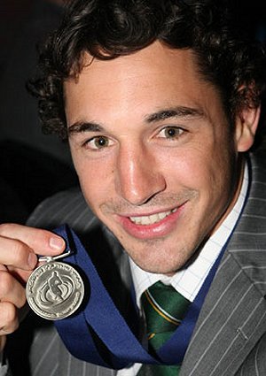 Billy Slater show off his World Player of the Year medal. Picture: Adam Smith / The Daily Telegraph