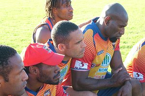 Rod Griffin, Anton Kui, Paul Aiton, Makali Aizue, George Moni and Charlie Wabo (background) listen intently to Marcus Bai address