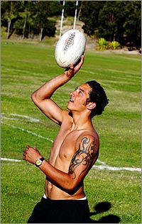 In a class of his own: West Tigers' sensational schoolboy signing, Benji Marshall, on the Gold Coast yesterday. Photo: Andy Zakeli