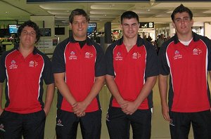 Josh Merritt, Jordan Hay, Dylan Hill and Zac Douglas after touching down at Sydney Airport from the AIS rugby league tour.