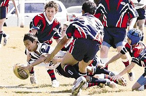 Cecil Hills' under13s score in the thrilling grand final against Elizabeth Macarthur. Cecil Hills lost 26-24. Picture: Luke Fuda