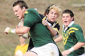 Brett Jarrett carries Glen Innes tackler Steve Reynolds