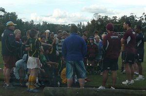 Manly Sea Eagles Steve Mattai, Brent Kite and Marcus Bai address the NSW PSSA squad.