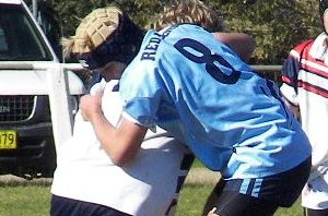 Dave Cowan & Celeb Hewitt of Red Bend College, Forbes move in for the tackle in the regional Cochrane Cup Final 