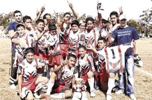 Sarah Redfern High School (red/white) celebrate their 26-10 win over Elderslie High School