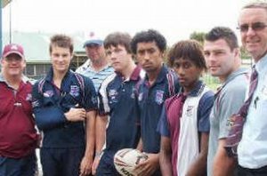 Cutters coach Paul Bramley, left, with Mackay High rugby league academy’s Sean Ryall, coach Nathan Doyle, James Wylie, Evert Hansson, Shilo Viti, Cutters hooker Neil Budworth and school principal Steve Paulger. 